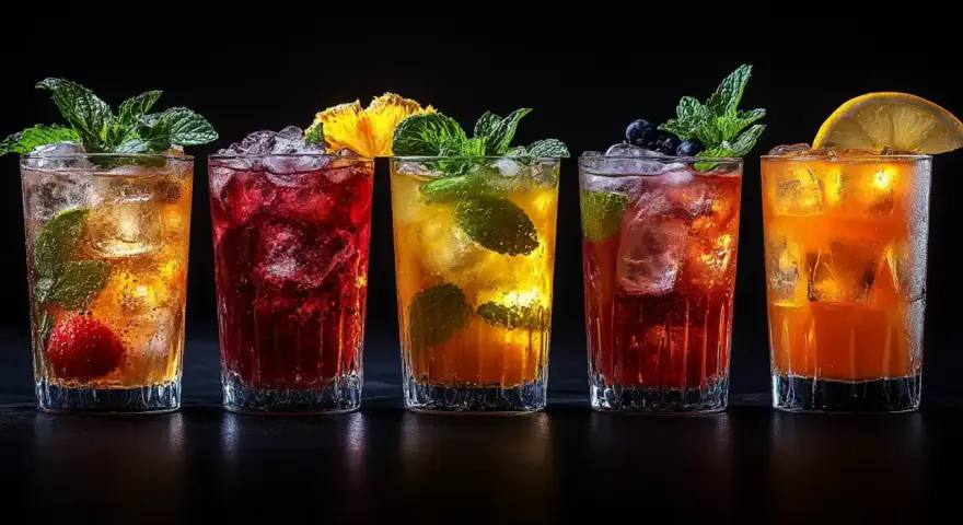 Pięć kolorowych, popularnych drinków z lodem, owocami i miętą, gotowych do orzeźwienia.