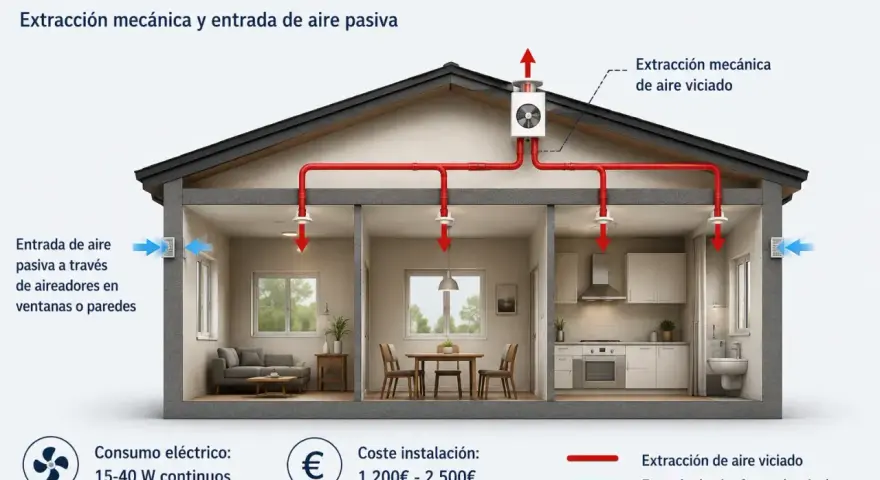 Diagrama de un sistema VMC de simple flujo que muestra la extracción de aire viciado y la entrada pasiva de aire fresco en una casa.