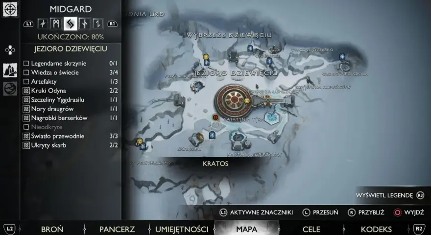 Mapa z gry God of War Ragnarok, przedstawiająca obszar Jezioro Dziewięciu w Midgardzie.