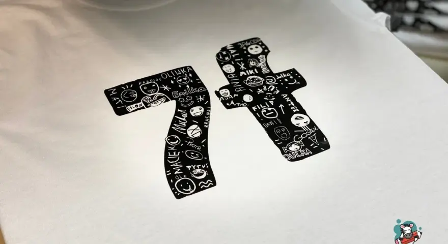 Napisy na koszulki do prasowania: cyfry 7 i 1 wypełnione zabawnymi rysunkami i imionami.
