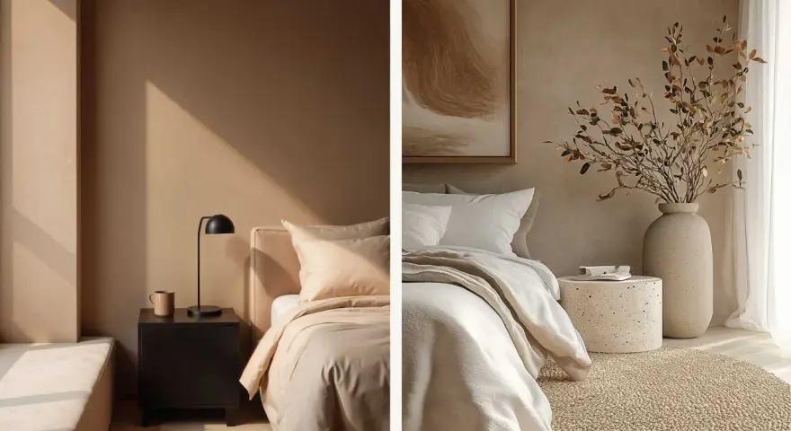 Un acogedor dormitorio en tonos tierra, con camas vestidas y detalles decorativos que invitan a la calma.