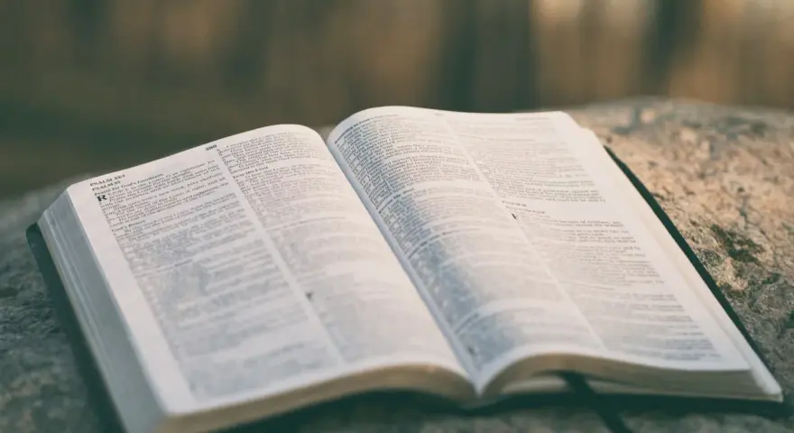 Otwarta Biblia leży na kamieniu, gotowa do czytań na ślub.