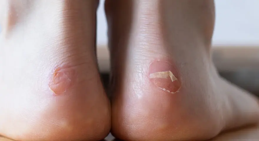 Zwei Fersen mit Blasen, die durch neue Schuhe entstanden sind. Eine Blase am Zeh ist besonders deutlich zu sehen.