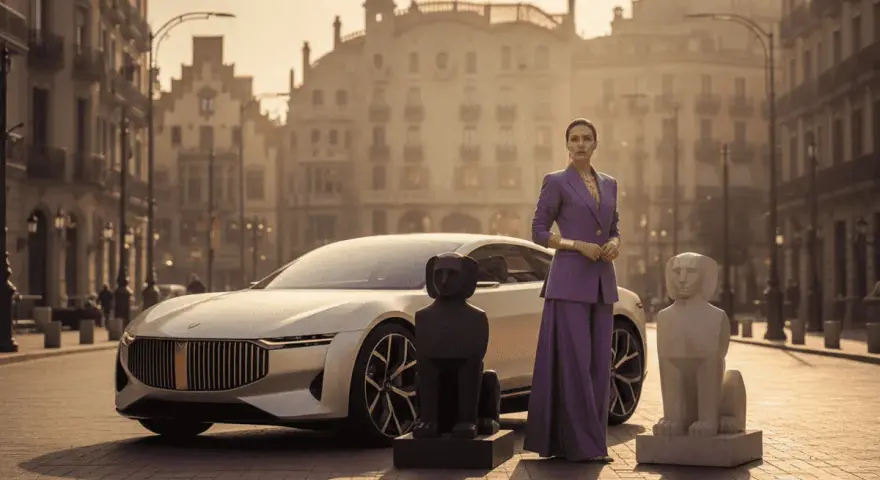 Mujer elegante junto a un carro moderno, flanqueada por estatuas de perros y una torre al fondo. Un guiño al tarot y al futuro.