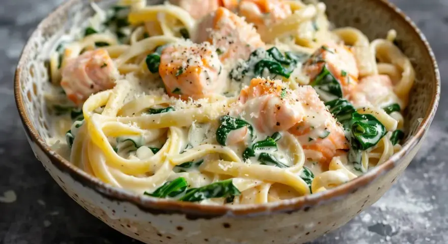 Krämig laxpasta med spenat och parmesan. Ett utsökt laxpasta recept som passar perfekt för en middag.