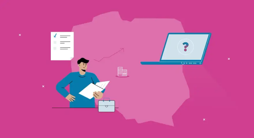 Ilustracja przedstawia mężczyznę z dokumentami, laptop z pytajnikiem i zarys Polski.