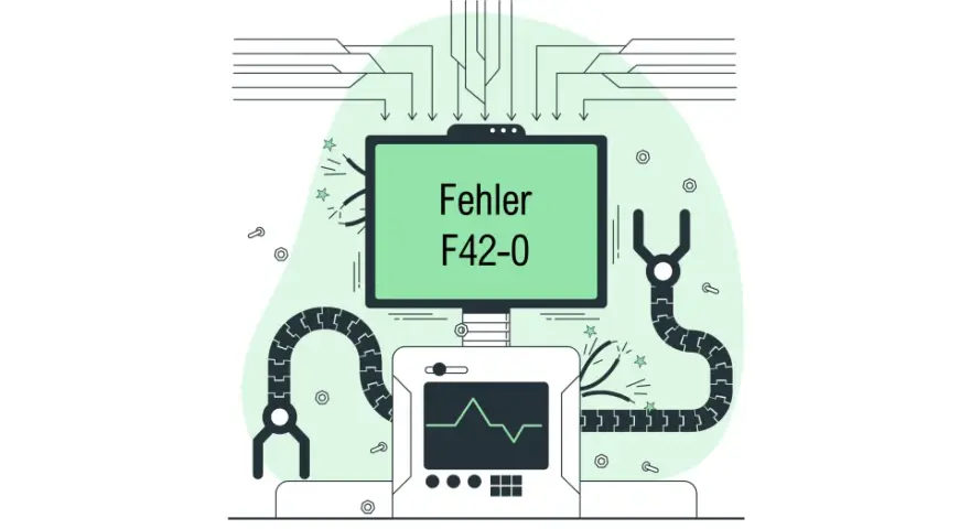 Ein Bildschirm zeigt "Fehler F42-0". Roboterarme und ein Messgerät deuten auf ein Problem in einer komplexen Datenbank hin.