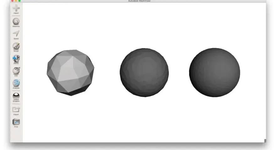 Autodesk Meshmixer: od importu do STL. Trzy modele sferyczne, od wielościanu do gładkiej kuli.