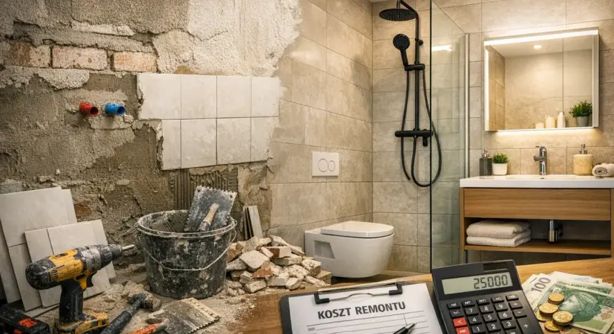Kalkulator pokazuje 25000, a obok leżą pieniądze i lista "Koszt remontu". To podsumowanie, ile pieniędzy na remont małej łazienki potrzeba.