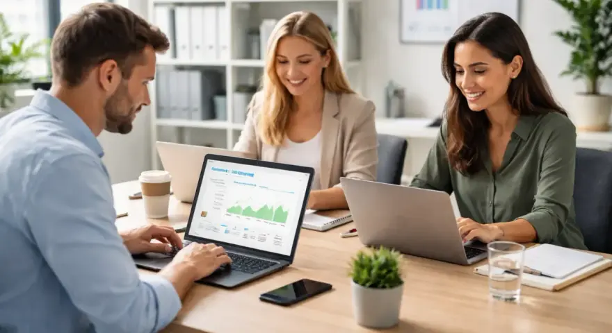 Equipo colaborando en estrategias de marketing digital, aprendiendo como hacer email marketing y analizando datos en laptops.