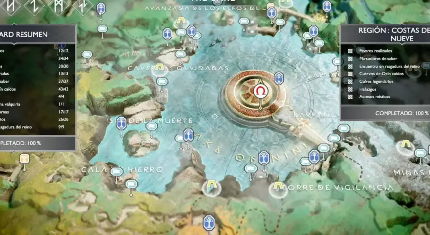 Mapa de Midgard, región Costas de Nueve. Busca el tesoro enterrado en el lago de los nueve.