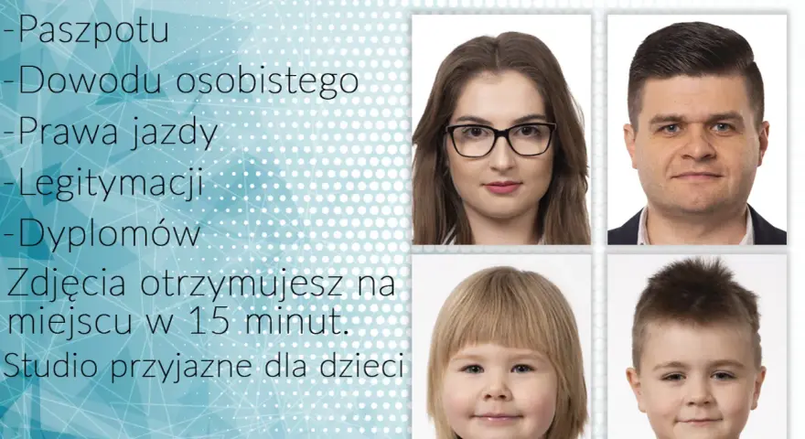 Zdjęcia do dowodu osobistego w okularach? Tak! Na zdjęciu widzimy cztery portrety: kobieta w okularach, mężczyzna, dziewczynka i chłopiec.