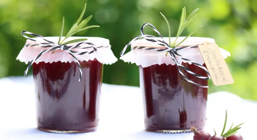 Zwei Gläser Jostabeere-Marmelade, liebevoll mit Rosmarin und kariertem Band verziert. Perfekt für die Jostabeere Verwendung auf Brot.
