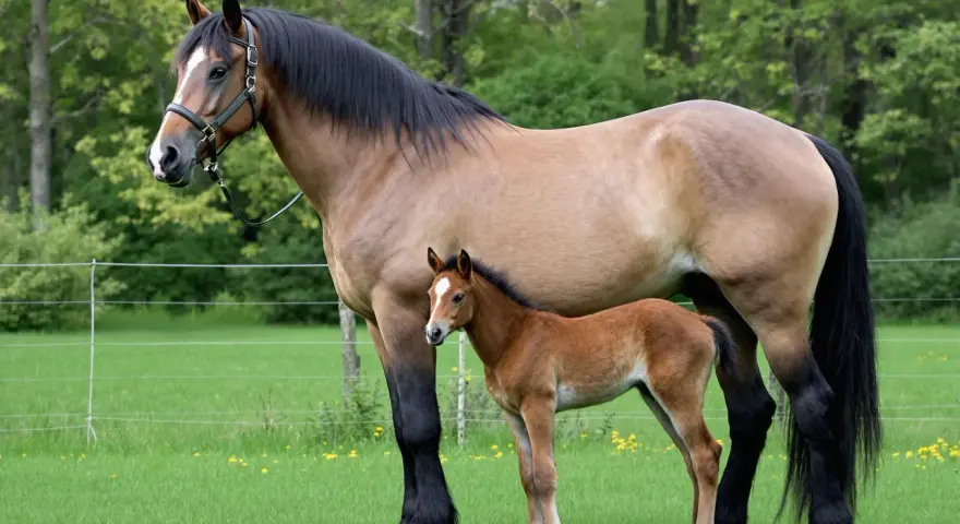 Un majestueux cheval de trait noir se tient aux côtés de son poulain brun dans un pré verdoyant.
