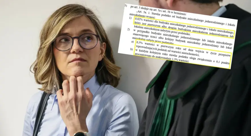 Kobieta w okularach zastanawia się, czy podatek katastralny w Polsce wejdzie w życie jeszcze w tej kadencji, analizując przepisy.
