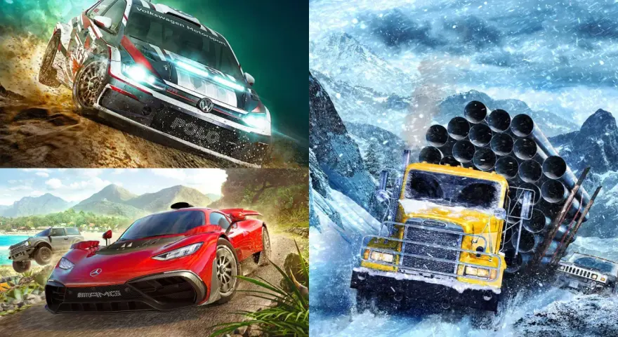 Wielkie wyścigi w grze z f1 game pass: rajdowy VW, czerwony supersamochód i żółta ciężarówka w śnieżnej zamieci.