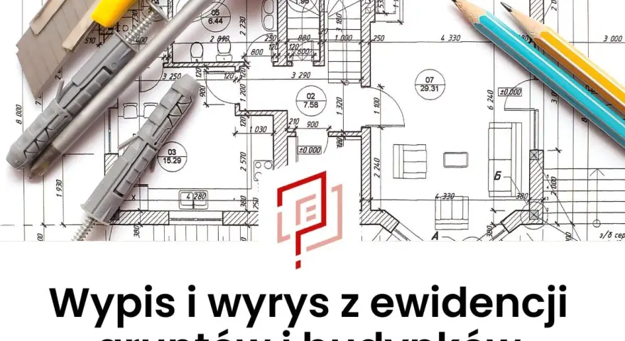 Narzędzia budowlane na planie architektonicznym. Wypis z rejestru gruntów i budynków.