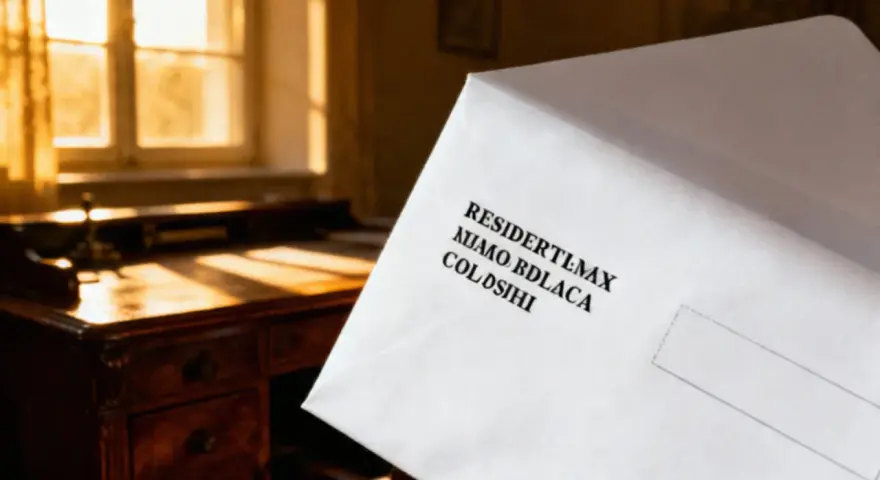 Biała koperta z tekstem "RESIDENTLMAX NIJMO BDLACA COLDSiHi" leży na biurku. Gdzie znaczek na kopercie?