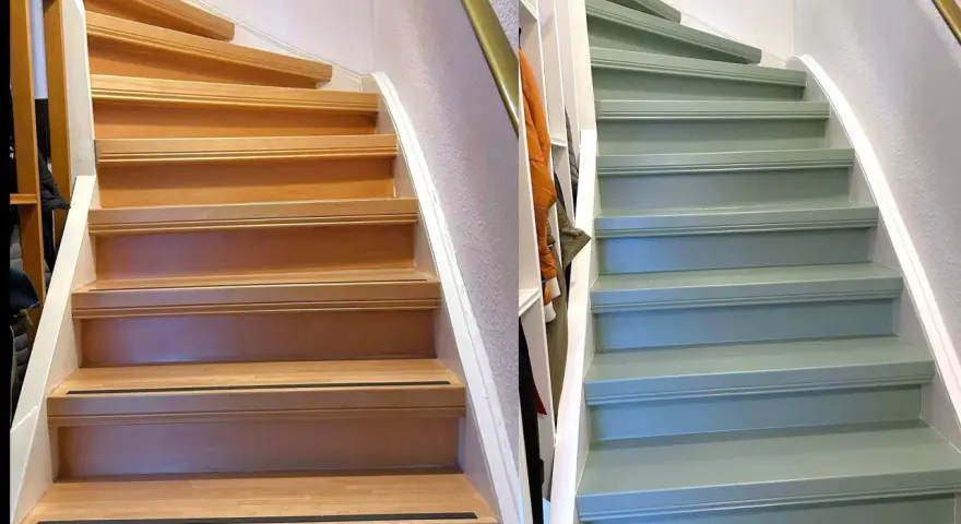 Vorher-Nachher-Vergleich: Eine Holztreppe wurde frisch gestrichen und erstrahlt nun in einem sanften Grünton.