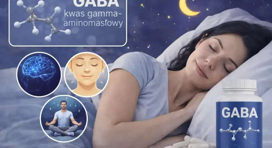 Kobieta śpi spokojnie, obok buteleczka suplementu GABA. Obrazek sugeruje relaks i dobry sen dzięki GABA.