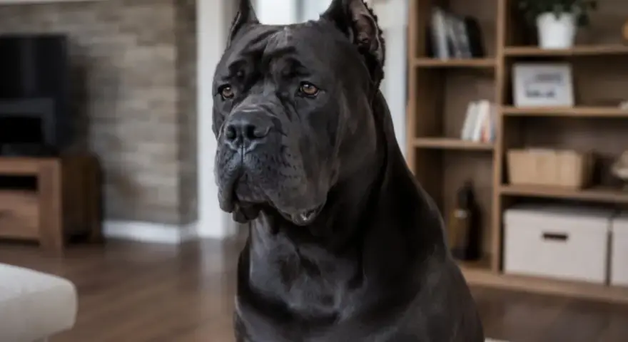 Potężny czarny pies rasy Cane Corso siedzi w salonie. Zastanawiasz się, ile kosztuje Cane Corso?