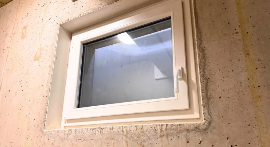 Ein neues, weißes Kellerfenster ist in eine Betonwand eingesetzt. Der Austausch des Kellerfensters verbessert die Dämmung und Sicherheit.