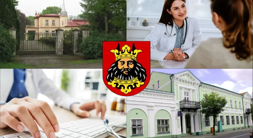 Lekarz medycyny pracy Lipno: konsultacja lekarska, wpisywanie danych na klawiaturze, budynek przychodni i herb miasta.