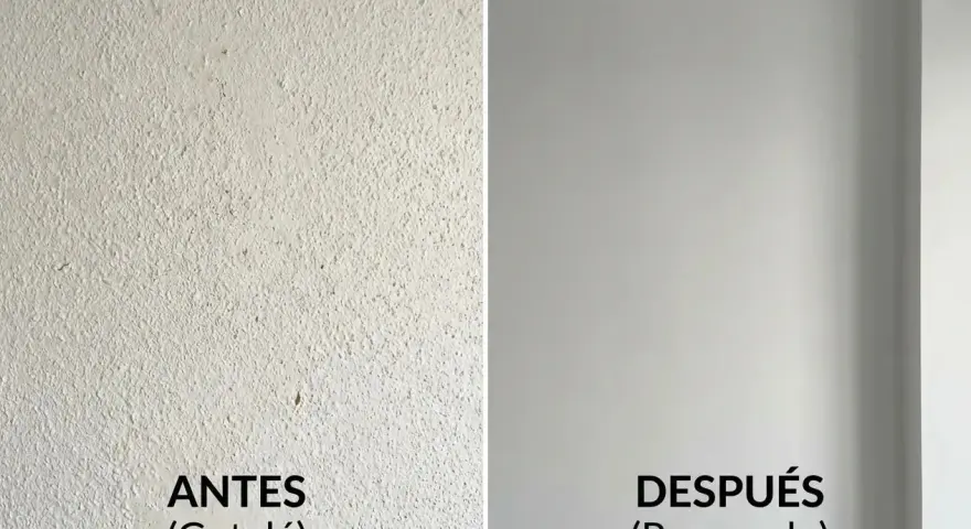 Antes (gotelé) y después (renovado). Se puede poner papel pintado en gotele para un acabado liso.