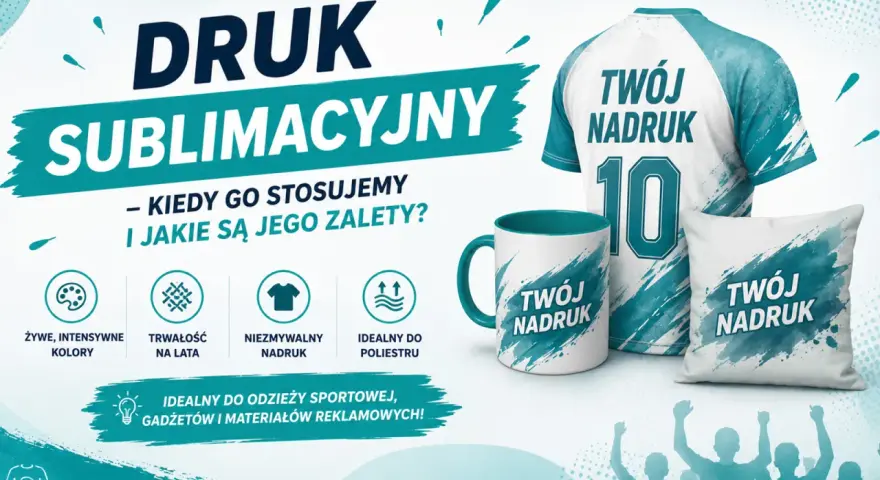 Druk termosublimacyjny na koszulce, kubku i poduszce. Żywe kolory, trwałość i idealny nadruk na poliestrze.