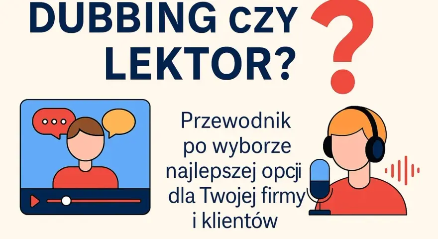 Dubbing czy lektor? Przewodnik po wyborze najlepszej opcji dla Twojej firmy i klientów. Ilustracje przedstawiające postacie z dymkami i mikrofonem.