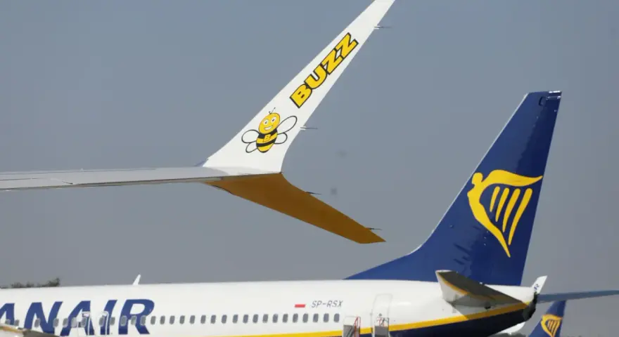 Samolot Buzz z pszczółką i napisami "BUZZ" oraz samolot Ryanair. Gotowe do lotu czarterowego.
