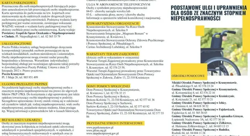 Informator o ulgach i uprawnieniach dla osób ze znacznym stopniem niepełnosprawności. Wózek inwalidzki na tle zieleni.