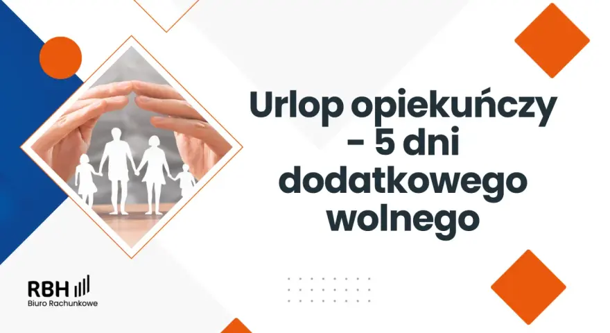 Ręce chroniące rodzinę z papieru. Informacja o urlopie opiekuńczym – 5 dni dodatkowego wolnego.