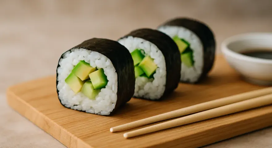 Linia świeżego sushi z awokado na drewnianej desce, obok sosu sojowego i pałeczek.