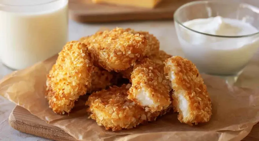 Chrupiące nuggetsy w panko z piekarnika, idealne do maczania w sosie. Obok szklanka mleka i miseczka jogurtu.
