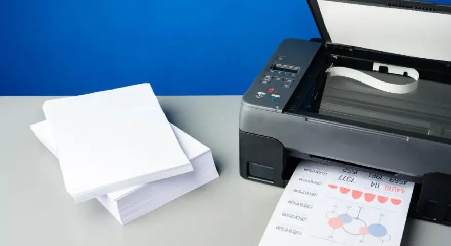 Stos białego papieru obok drukarki, która właśnie drukuje dokument. Różne rodzaje papieru do druku.