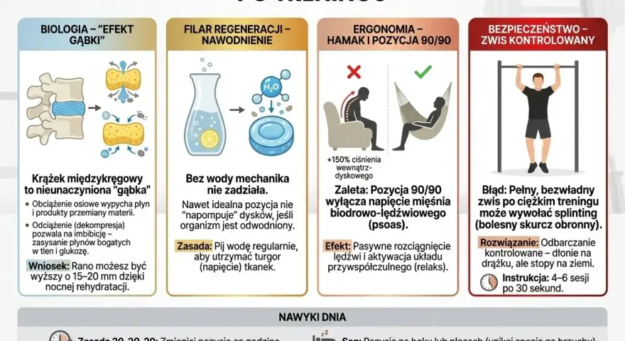 Krążki międzykręgowe jak gąbki potrzebują nawodnienia, by dobrze funkcjonować. Pij wodę regularnie, by utrzymać turgor tkanek.