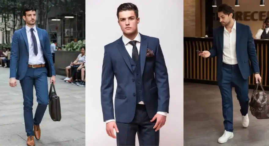 Trzech mężczyzn w granatowych garniturach. Jaka marynarka do granatowych spodni? Stylizacje od formalnych po casualowe.