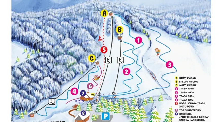 Mapa zimowych atrakcji: wyciągi (A, B, C), trasy narciarskie (1-5), tor saneczkowy (6), bacówka (7) i dom pszczelarza (8).