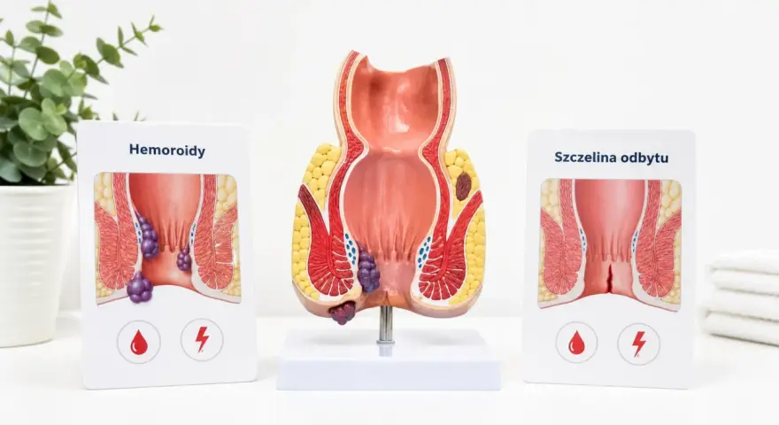 Model anatomiczny odbytu z zaznaczonymi hemoroidami. Choć obrazek dotyczy dorosłych, problem hemoroidów u dzieci również istnieje.