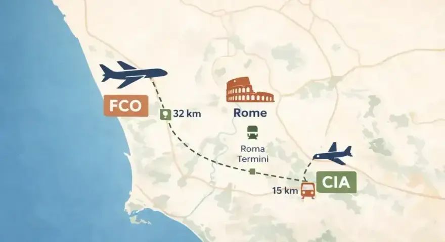 Mapa pokazuje lotniska w Rzymie: FCO (32 km od centrum) i CIA (15 km od Roma Termini).