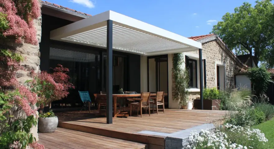 Une belle terrasse tropezienne en bois avec mobilier de jardin sous une pergola moderne. Le soleil brille sur la végétation luxuriante.