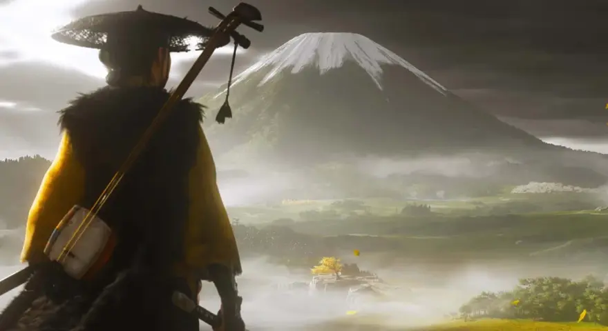 Un samurái con un shamisen a la espalda contempla un paisaje brumoso con el Monte Fuji al fondo. Podría ser una escena de Ghost of Tsushima 2.