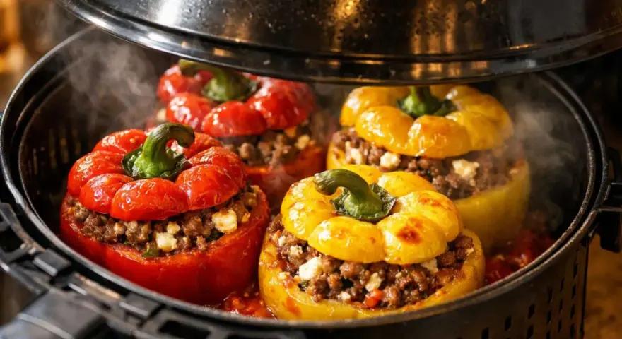 Gefüllte Paprikaschoten im Airfryer, dampfend und bereit zum Genuss. Rote und gelbe Paprika mit einer herzhaften Hackfleischfüllung.