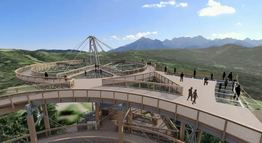 Drewniany spacer w chmurach z widokiem na góry. Sprawdź sky walk cennik i zaplanuj wizytę!