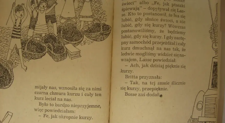 Dzieci z Bullerbyn zbierają wiśnie. Lasse pyta, dlaczego nie lubią kurzu, gdy samochód jedzie.