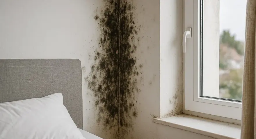 Un coin de chambre envahi par la moisissure sur le mur, près d'un lit et d'une fenêtre.