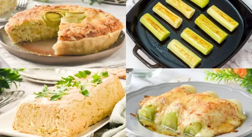 Pastel salado, puerros a la plancha, terrina y puerros gratinados. Variedad de recetas con puerros para disfrutar.