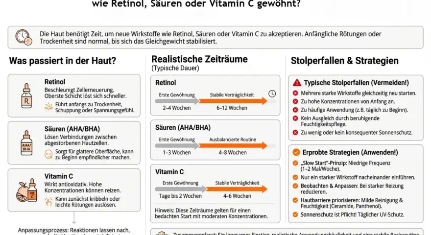 Die Grafik zeigt, wie oft man Retinol, Säuren oder Vitamin C anwenden sollte, um die Haut daran zu gewöhnen.