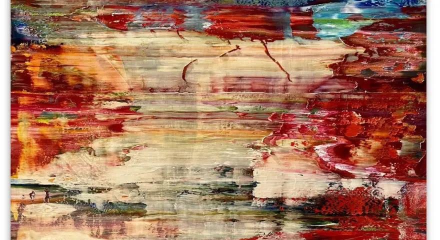 Abstraction vibrante aux tons rouges, blancs et bleus, évoquant une scène aquatique ou un paysage onirique, typique d'un peintre allemand contemporain.